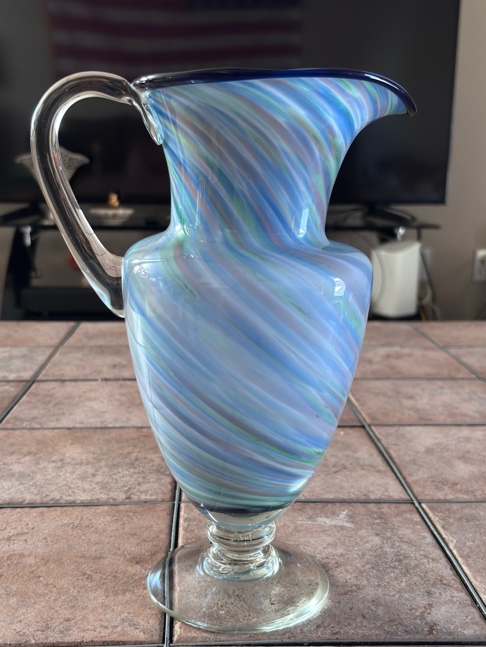 Hand-Blown Art Glass Pitcher Vase | Blue White Green Swirl Stripes 10 3/4 Inches